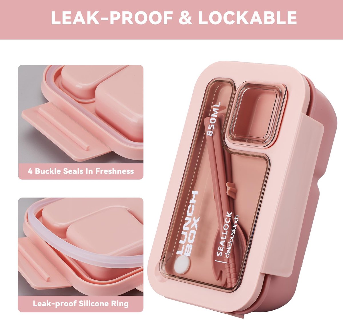 Bento Box - Bento Set with Cutlery - Lunch Bag - Lunch Box - Leakproof Food Container with Compartments - Lunch Box for Kids, School, Office, Picnic - Pink