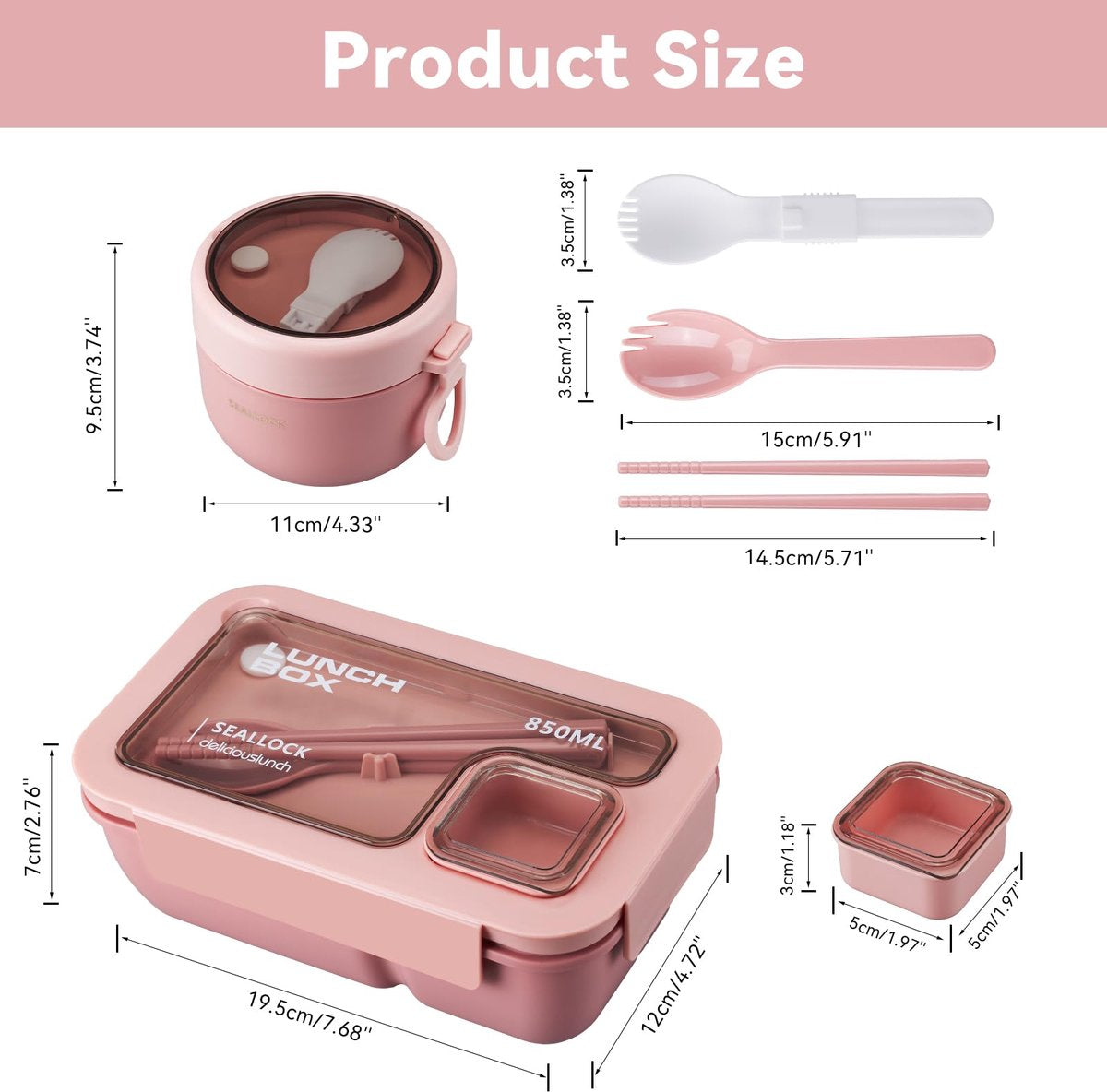 Bento Box - Bento Set with Cutlery - Lunch Bag - Lunch Box - Leakproof Food Container with Compartments - Lunch Box for Kids, School, Office, Picnic - Pink