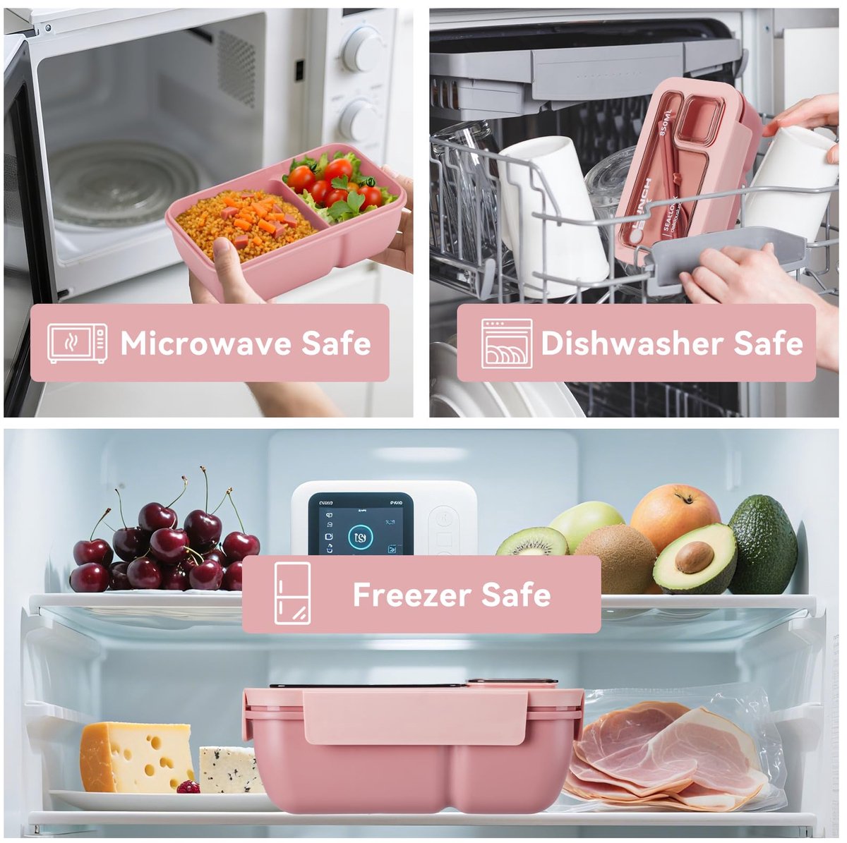 Bento Box - Bento Set with Cutlery - Lunch Bag - Lunch Box - Leakproof Food Container with Compartments - Lunch Box for Kids, School, Office, Picnic - Pink