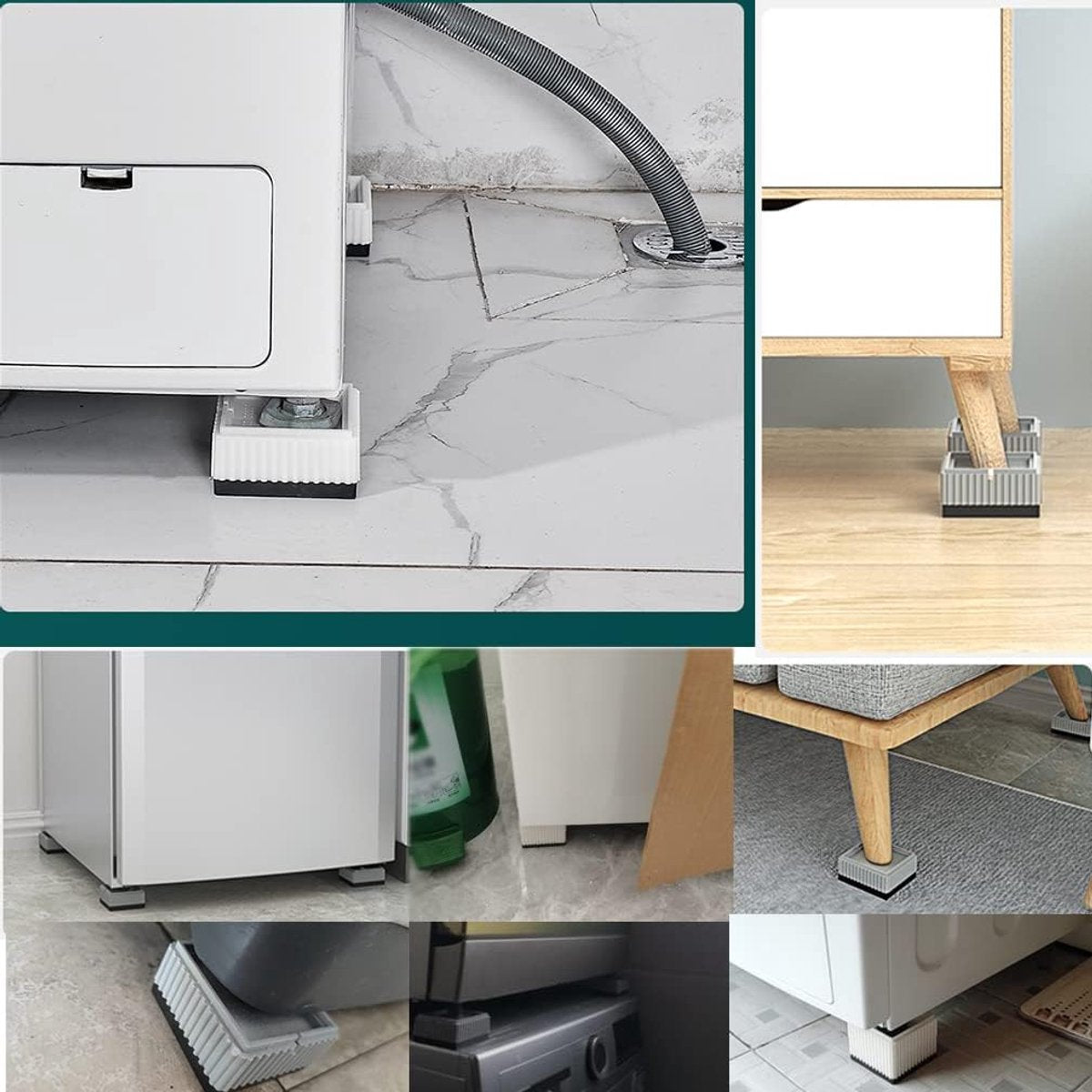 Universal anti-vibration feet - 4x square furniture risers - Stackable table feet for washing machine, non-slip stabilizers for washing machines and furniture (3.3 cm (1.3 inch), White)