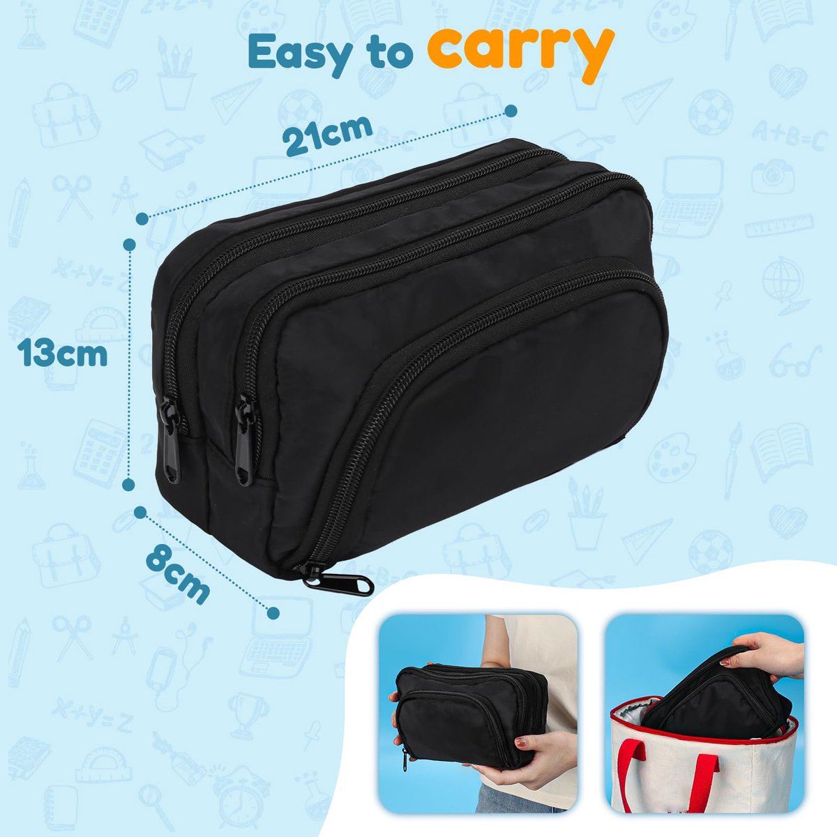 Large black pencil case with 3 compartments for school and office