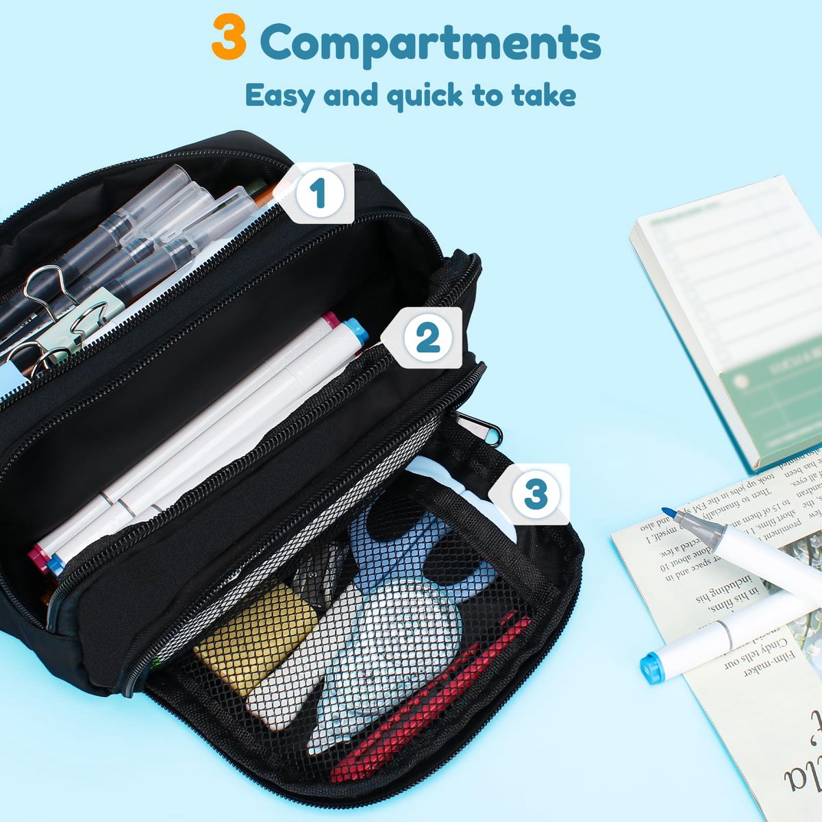 Large black pencil case with 3 compartments for school and office