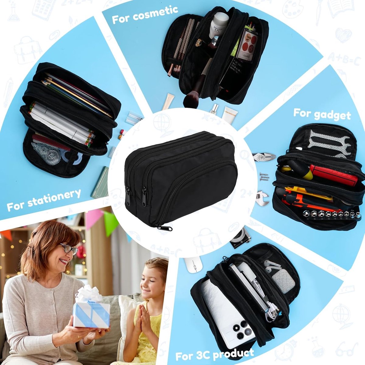 Large black pencil case with 3 compartments for school and office