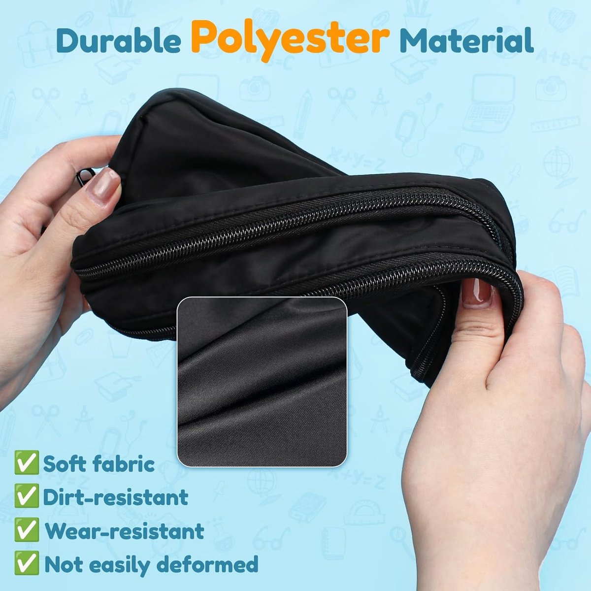 Large black pencil case with 3 compartments for school and office