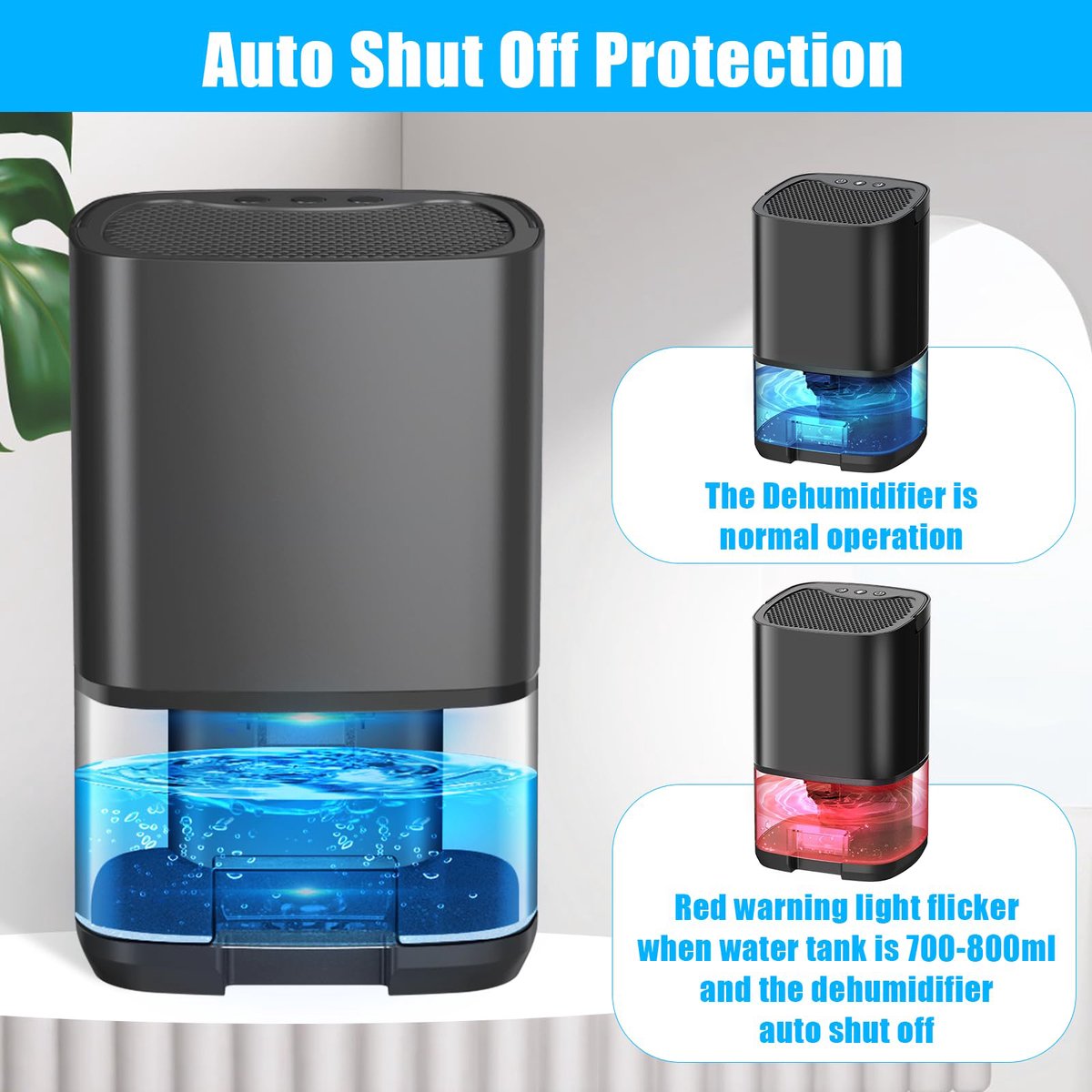Ultra-quiet smart air dehumidifier - 1L capacity - Dehumidifier for bedroom, bathroom, basement, house - 2 in 1 - Small - Quiet - Black