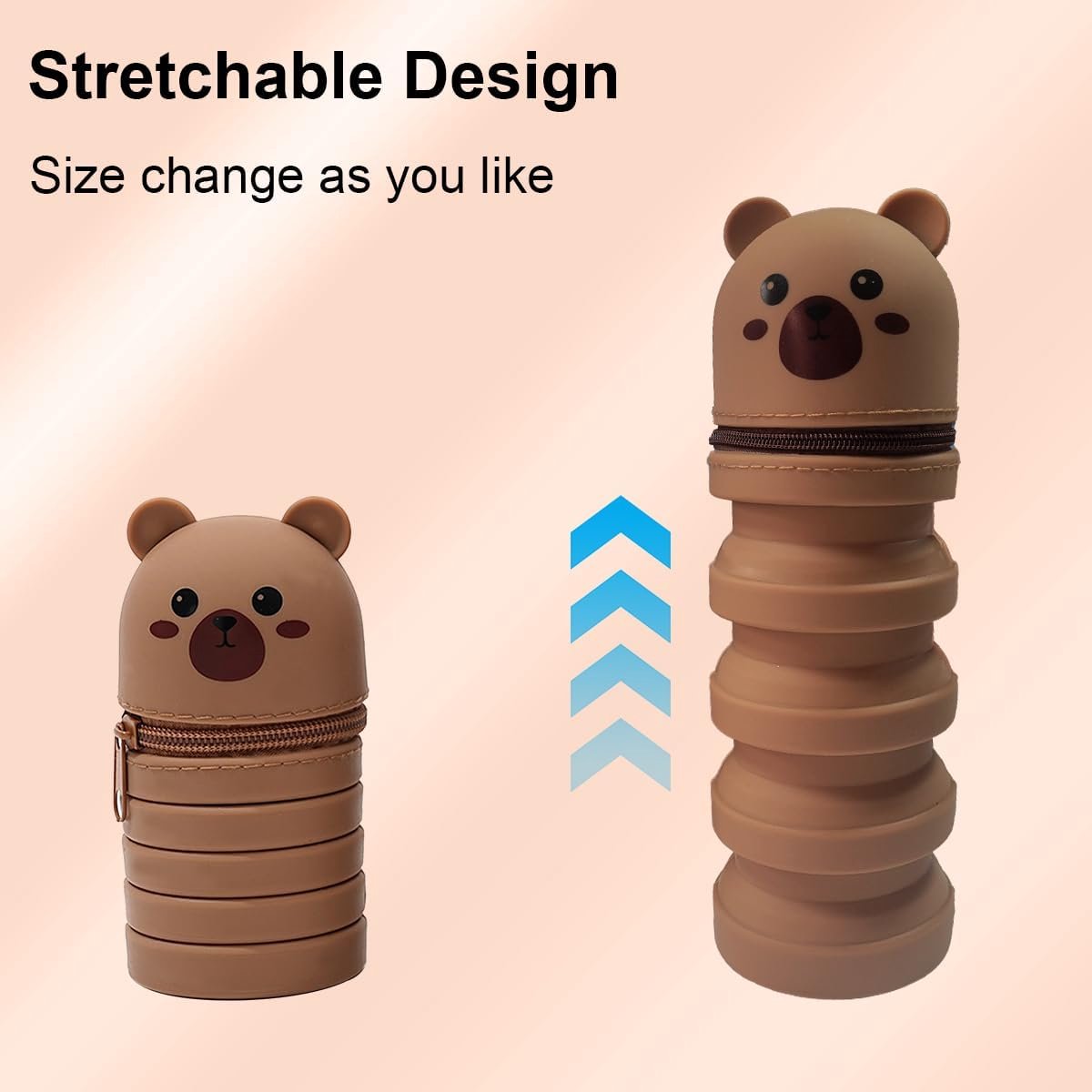 2-in-1 telescopic pencil case in soft silicone, cute kitten-shaped pencil case, ideal for storing stationery, brown, for girls and boys