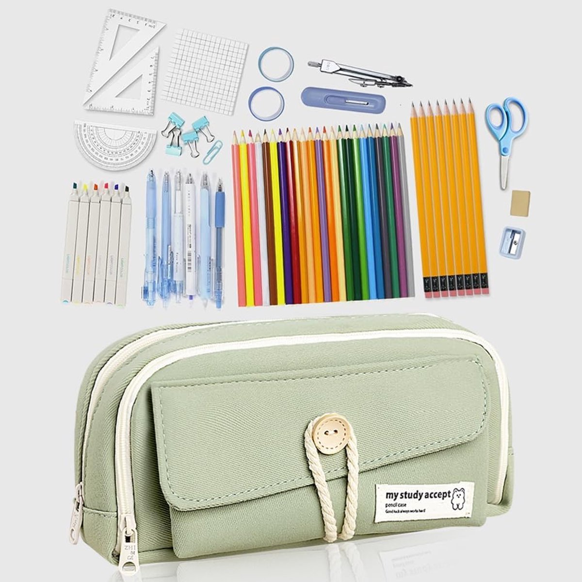 Expandable pencil case with 3 large compartments for girls, boys and students (light green), green, [light green, canvas]