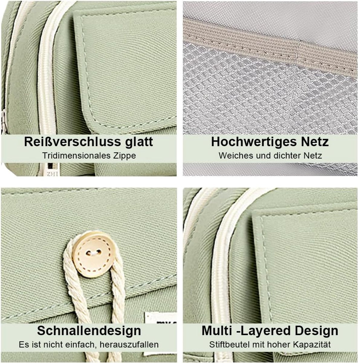 Expandable pencil case with 3 large compartments for girls, boys and students (light green), green, [light green, canvas]