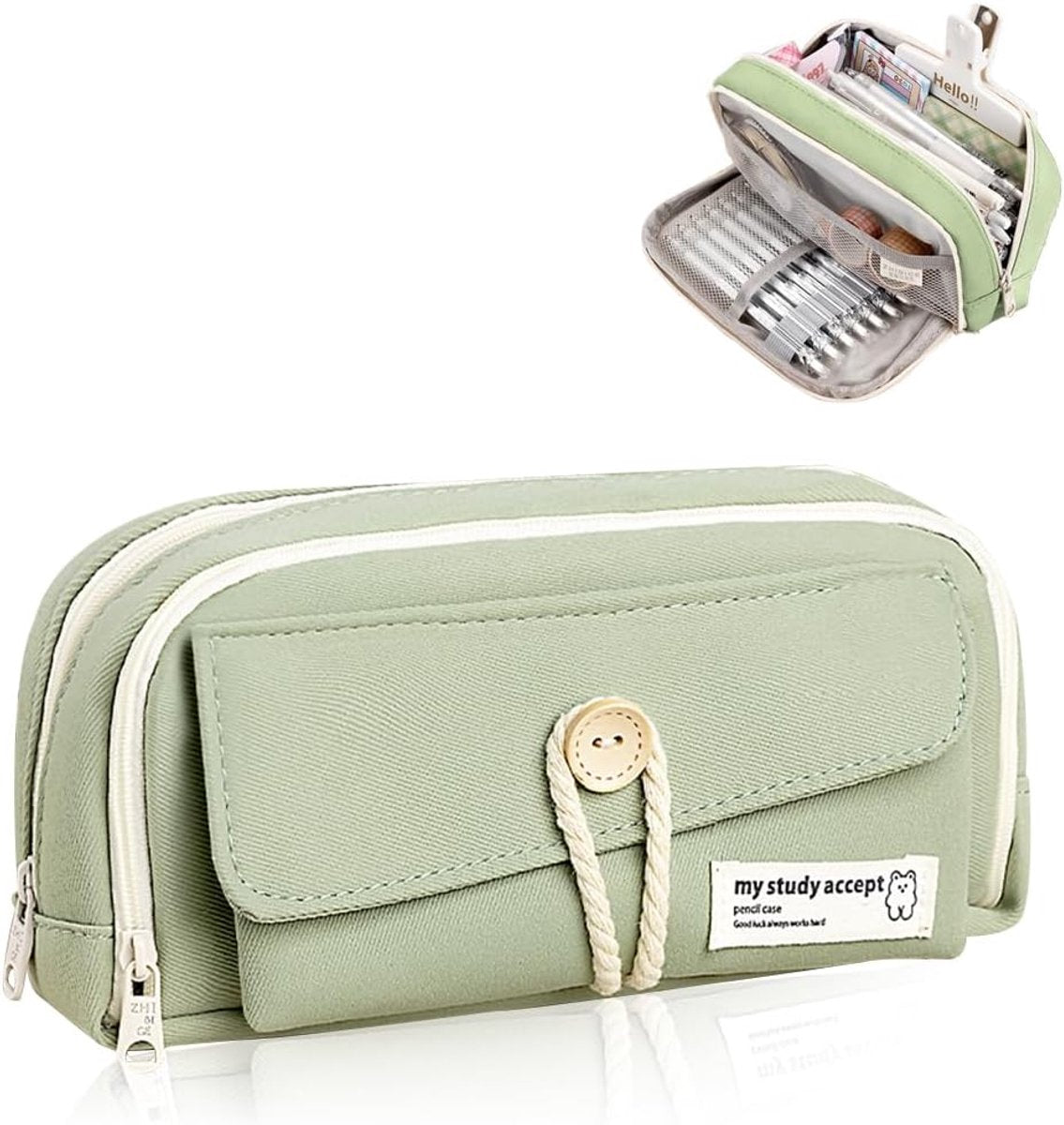 Expandable pencil case with 3 large compartments for girls, boys and students (light green), green, [light green, canvas]