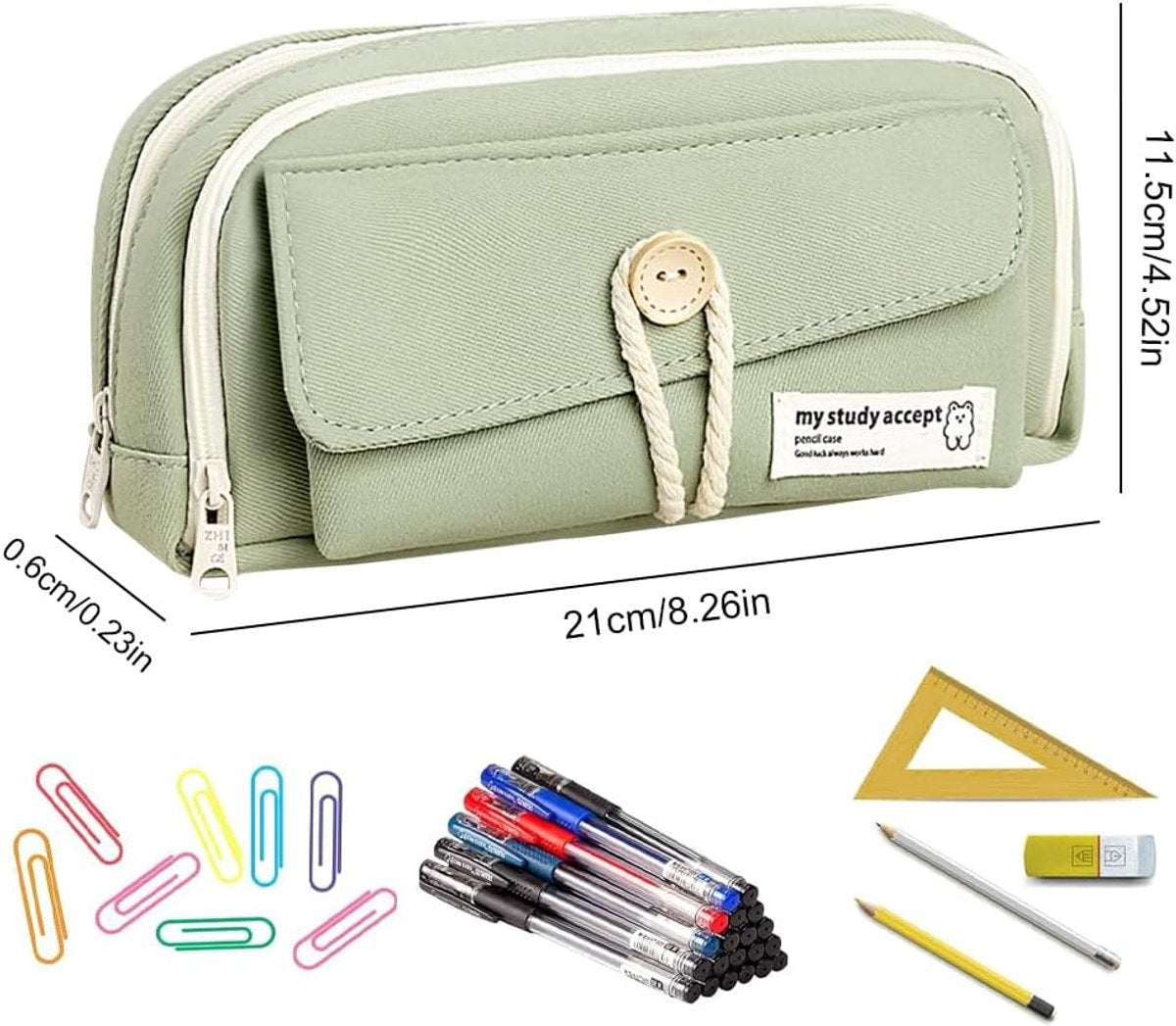 Expandable pencil case with 3 large compartments for girls, boys and students (light green), green, [light green, canvas]