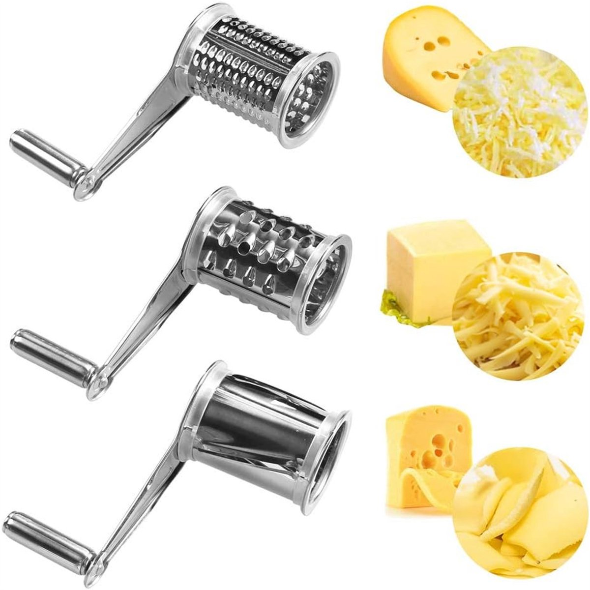 Cheese Grater - Stainless Steel Drum Grater - Hard Cheese Grinder - Efficient and Durable - Dishwasher Safe - Includes 3 Cutting Blades - Suitable for Chocolate and Nuts - Silver - 1 Piece
