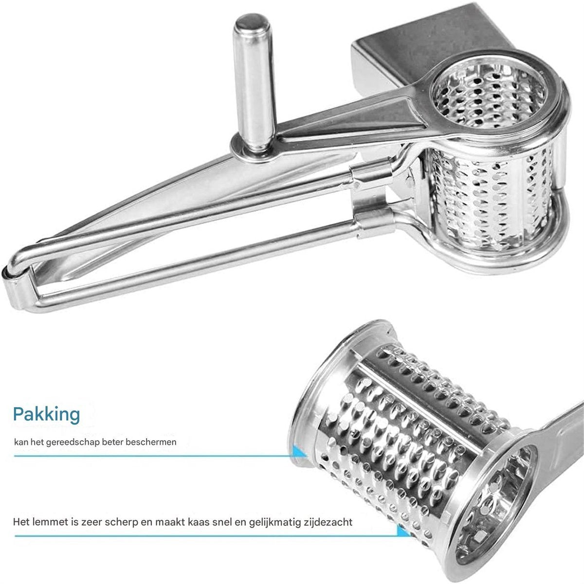 Cheese Grater - Stainless Steel Drum Grater - Hard Cheese Grinder - Efficient and Durable - Dishwasher Safe - Includes 3 Cutting Blades - Suitable for Chocolate and Nuts - Silver - 1 Piece