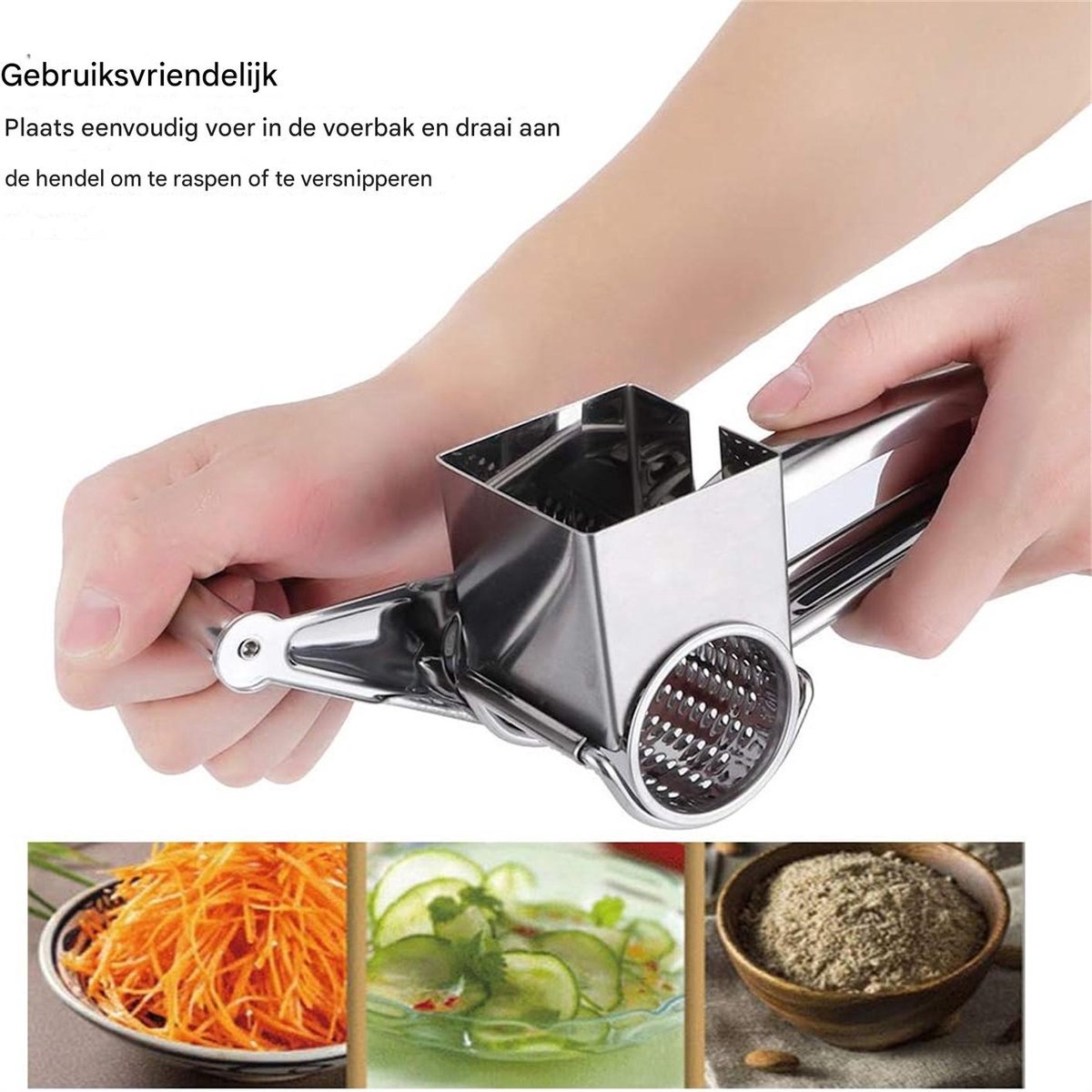 Cheese Grater - Stainless Steel Drum Grater - Hard Cheese Grinder - Efficient and Durable - Dishwasher Safe - Includes 3 Cutting Blades - Suitable for Chocolate and Nuts - Silver - 1 Piece