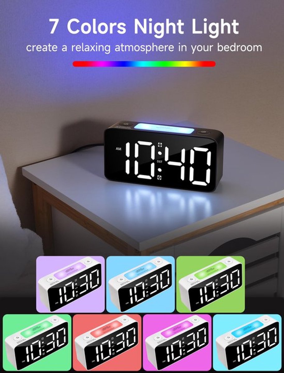 Digital Night Light - Extra Powerful - 7-Color Night Light - Ideal for Heavy Sleepers - Adjustable Volume and USB Charging - Place on the Bedside Table - Black