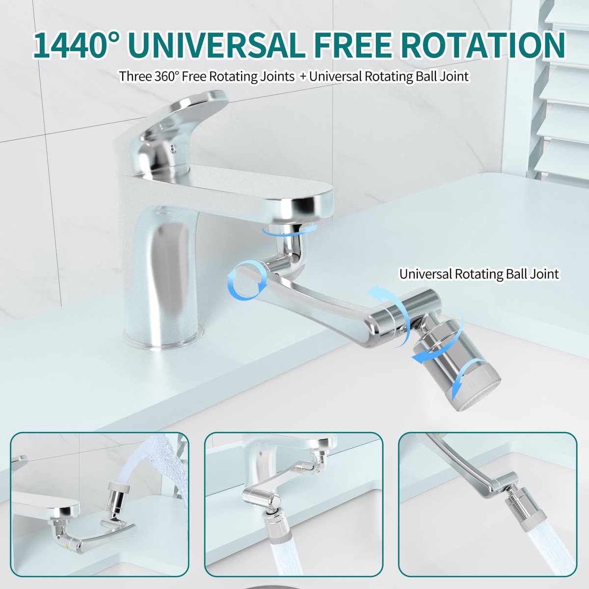 1440° Rotating Faucet - Faucet - Faucet Fitting - Faucet Head - Stainless Steel - Aerator - Rotating - Extension - Water Saving - Kitchen Faucet - Bathroom Faucet - Swivel - Dishwashing - Goud
