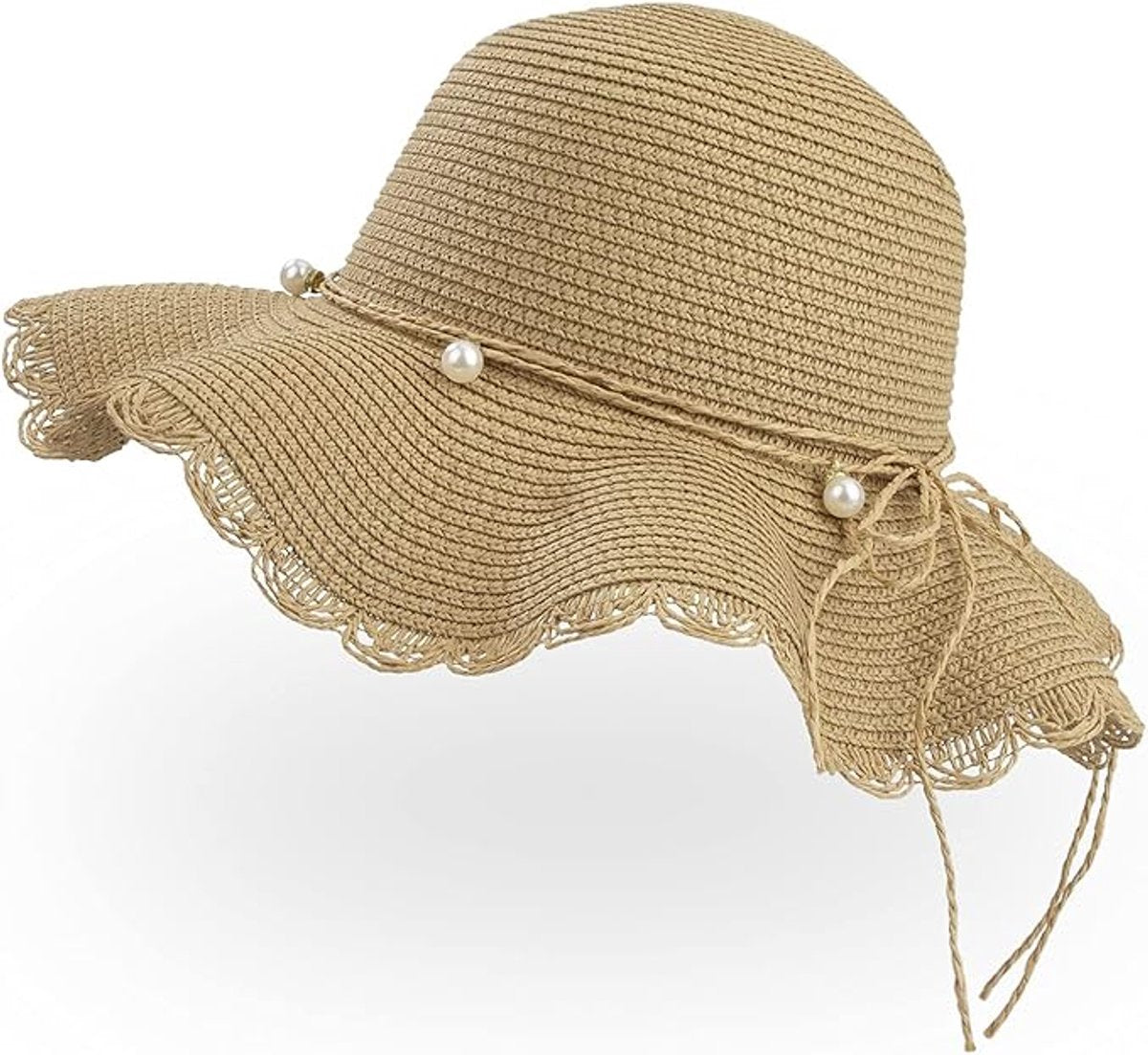 Straw hat - foldable sun hat for women - summer - breathable beach hat with wide brim and soft edge - with beautiful beads - UV protection - UPF 50 - suitable for hiking, travel and vacations