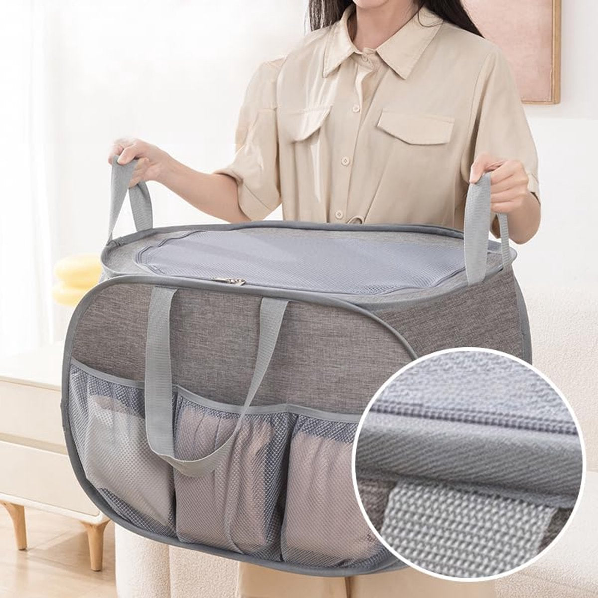 Foldable Laundry Basket - Foldable Laundry Basket with Lid - Storage Basket with Handles - Large Capacity Foldable Laundry Basket - Waterproof for Children's Room, Camping and Travel - Grey - 36 x 36 x 58 cm