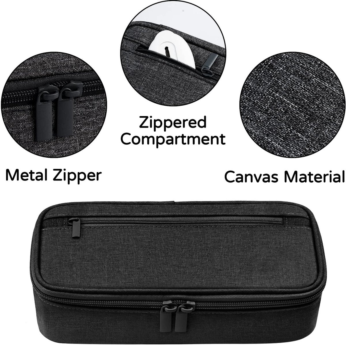 Pencil case - Highlighter case - Canvas pencil case 23x11x6.5 cm with zipper - Pencil case for boys and girls - School supplies - Black