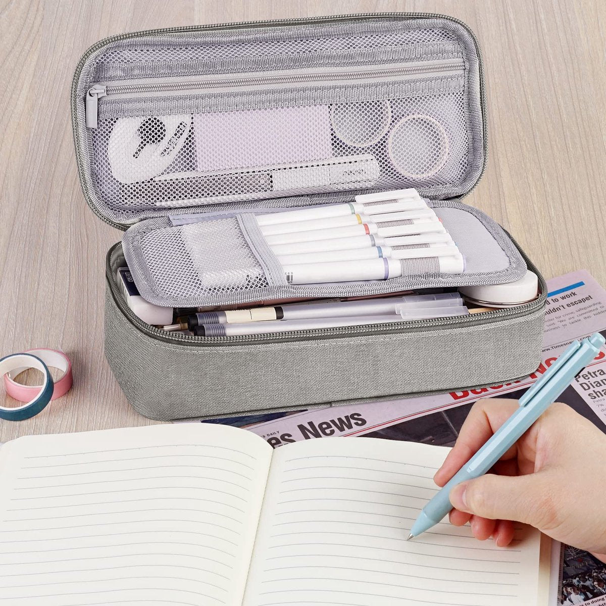 Large capacity pencil case, storage case, high-value, large capacity pencil case, stationery storage, makeup bag, office supplies, gray