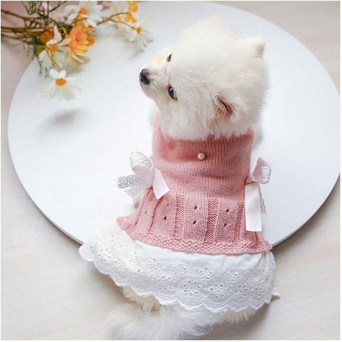 Dog Coat - Dog Sweater - Sweater Dress for Small Dogs - Female Dress with Bow - Pink and Blue Warm for Winter - Princess Lace - Birthdays - Valentine's Day - Pink Medium - Christmas Decorations - Christmas - Size L