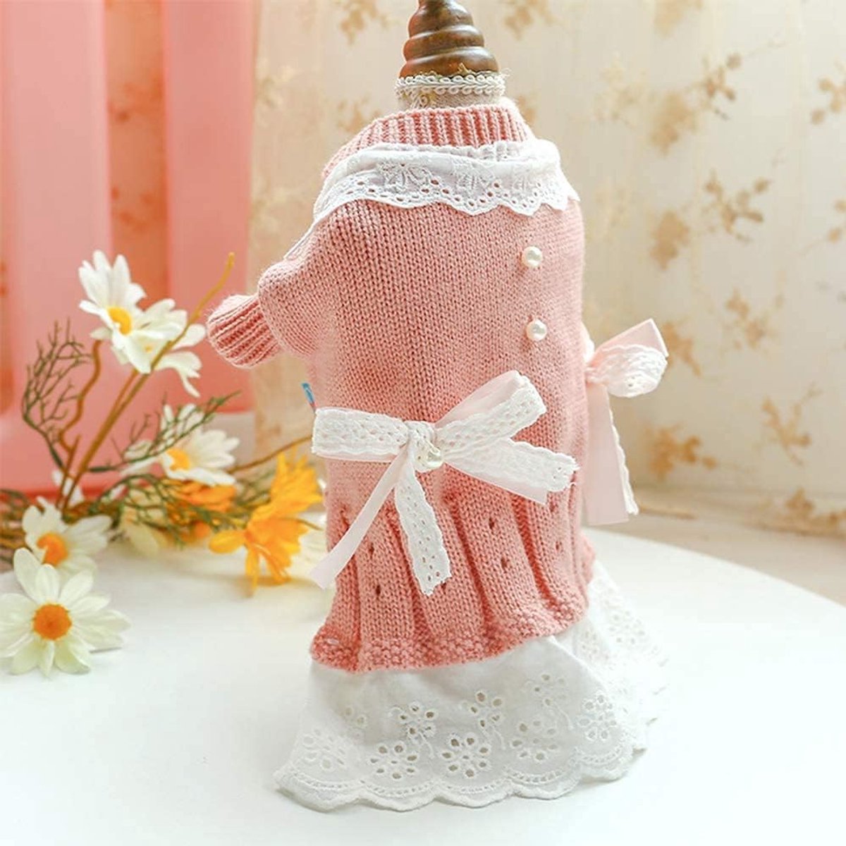 Dog Coat - Dog Sweater - Sweater Dress for Small Dogs - Female Dress with Bow - Pink and Blue Warm for Winter - Princess Lace - Birthdays - Valentine's Day - Pink Medium - Christmas Decorations - Christmas - Size M