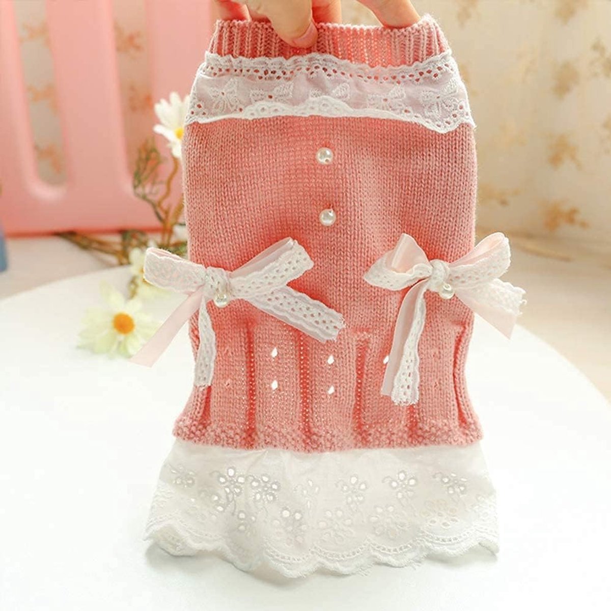 Dog Coat - Dog Sweater - Sweater Dress for Small Dogs - Female Dress with Bow - Pink and Blue Warm for Winter - Princess Lace - Birthdays - Valentine's Day - Pink Medium - Christmas Decorations - Christmas - Size M