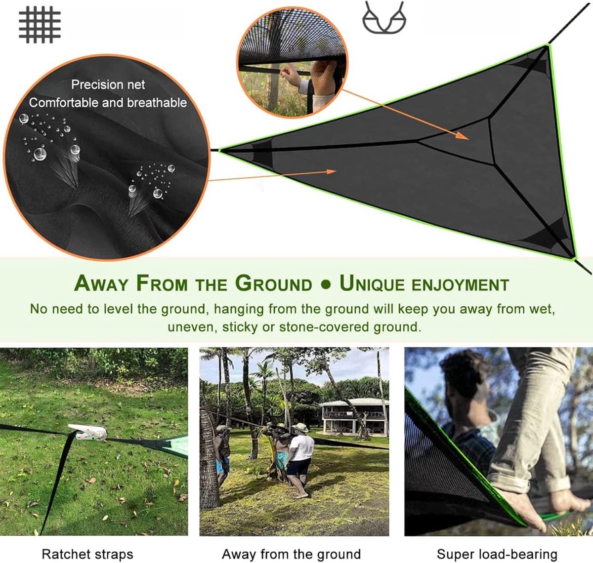 Portable triangular hammock for multiple people, outdoor camping aerial hammock, 3-point design for 2-3 people for travel, garden, camping, black, 400 x 400 x 400 cm