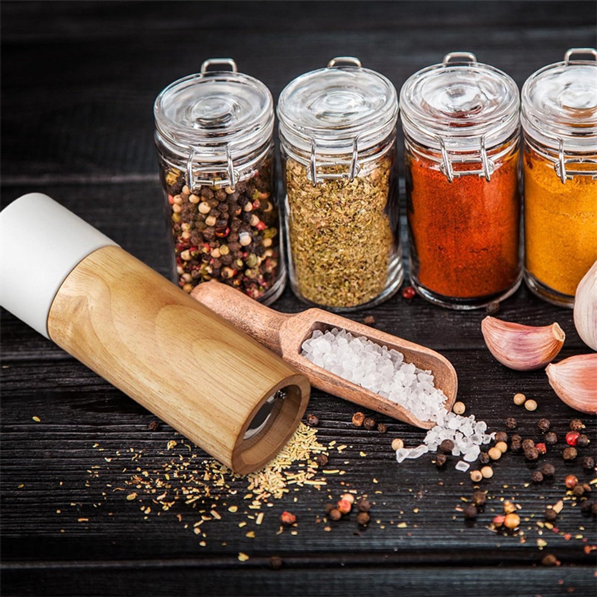 Wooden Salt and Pepper Mill - Premium Quality Salt and Spice Mill - Wooden Salt Mill with Adjustable Ceramic Core - Manual, Refillable Salt and Pepper Mill for Spices/Sea Salt/Chili/Pepper (White)