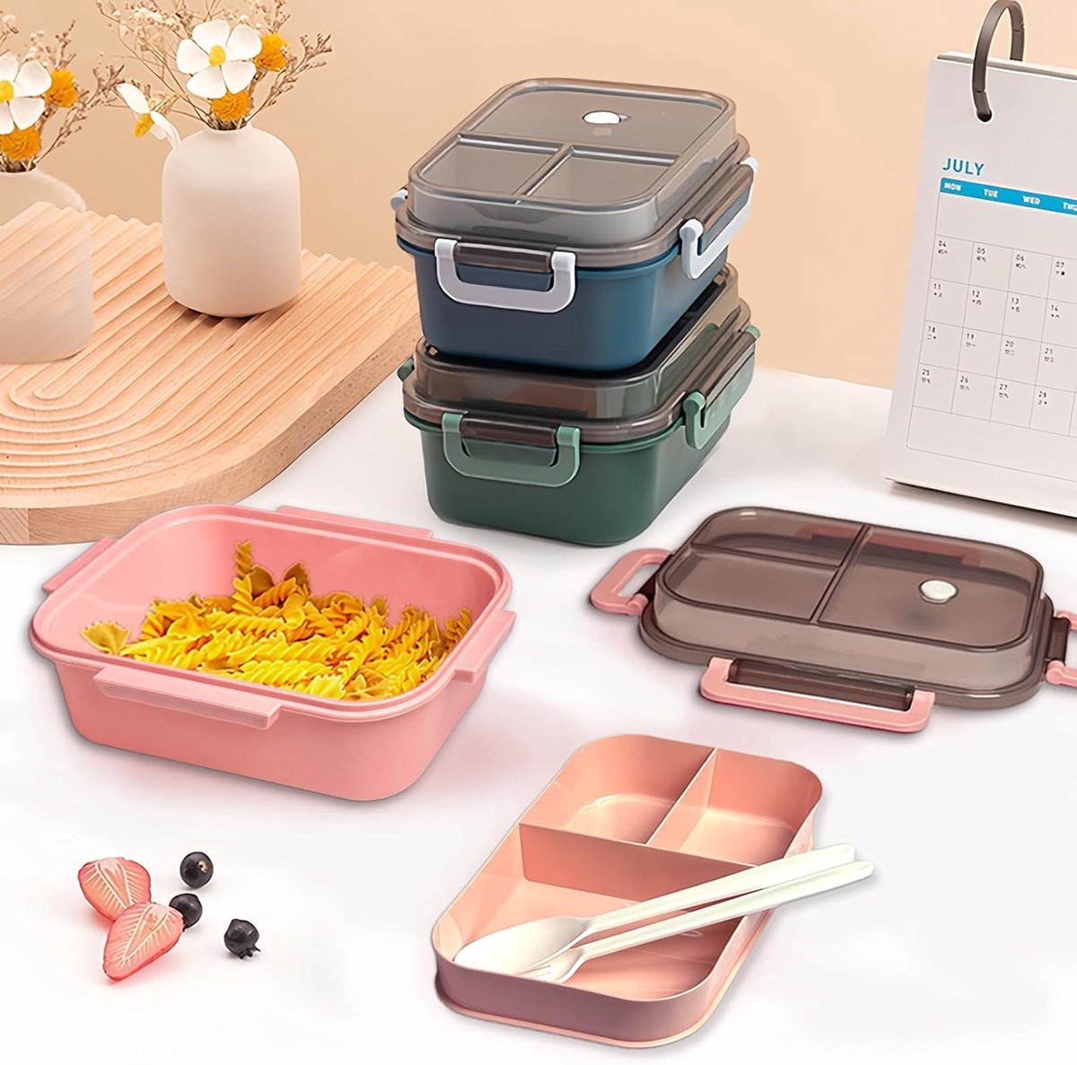 Lunch box - Lunch box for girls - Lunch box for adults - Lunch box with compartments - 2-layer integrated lunch box - Leakproof lunch box - With cutlery - For work - School - Picnic (blue)