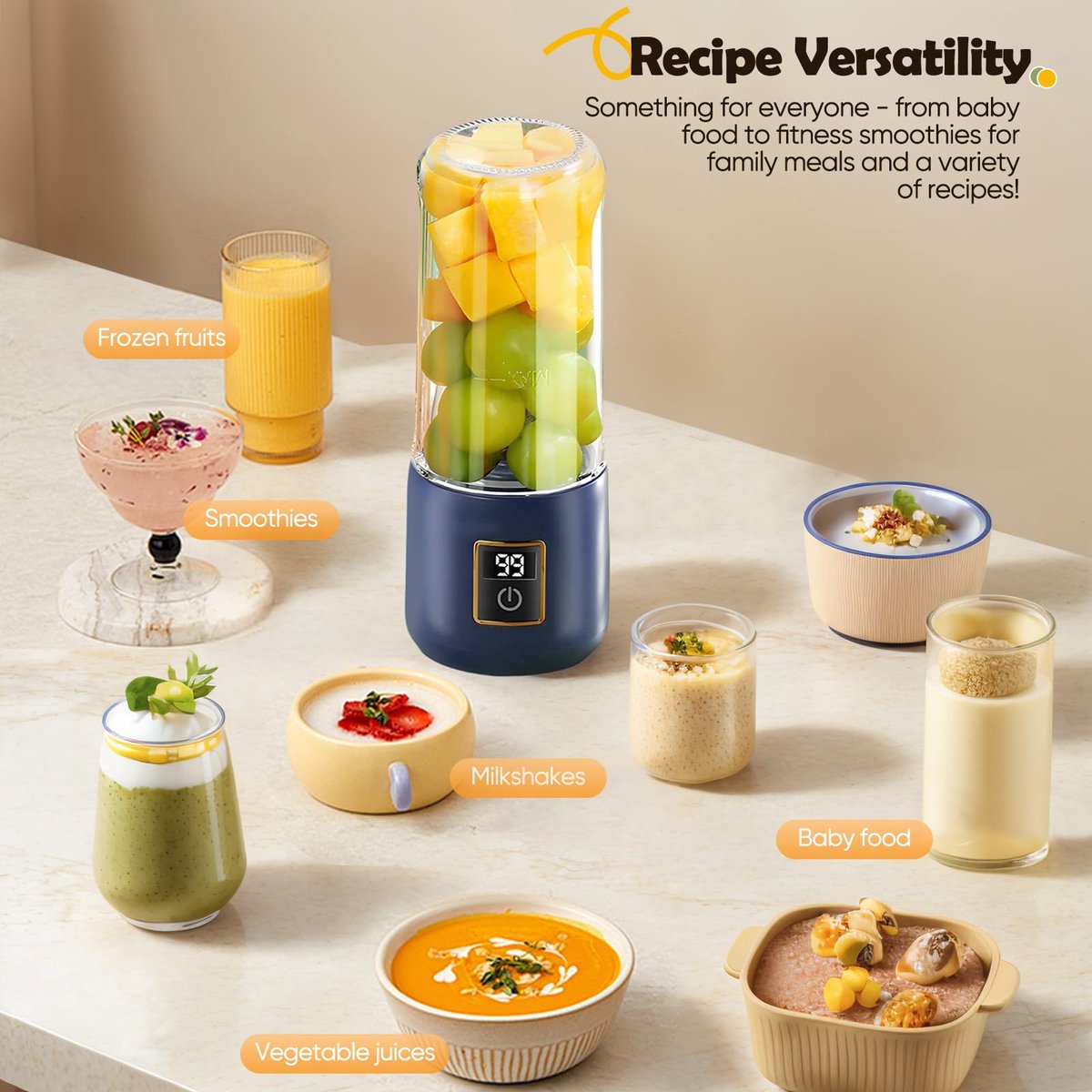 Portable Blender - Mini Blender - 12 Blades - Portable - On-the-Go Blender - Mini Juicer - Smoothie Maker - Perfect for Smoothies, Juices, and Baby Food - Dark Blue