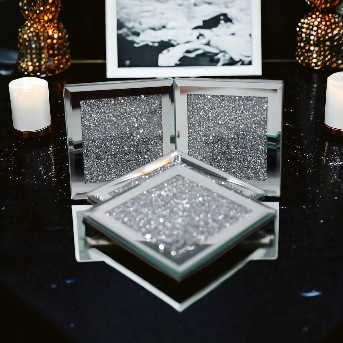Set of 4 Mirror Effect Coasters – Crushed Diamond Coasters – Table Decor – With cut diamond crystal and mirror (square), for restaurant tables, kitchens, bars, restaurants