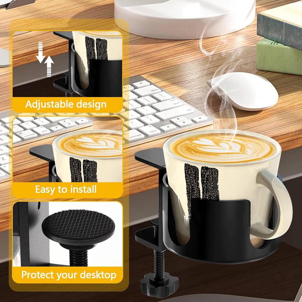 Adjustable and portable tabletop cup holder with clip - universal holder for bottles, coffee cups and water cups - 95 cm diameter, max. capacity 5 kg