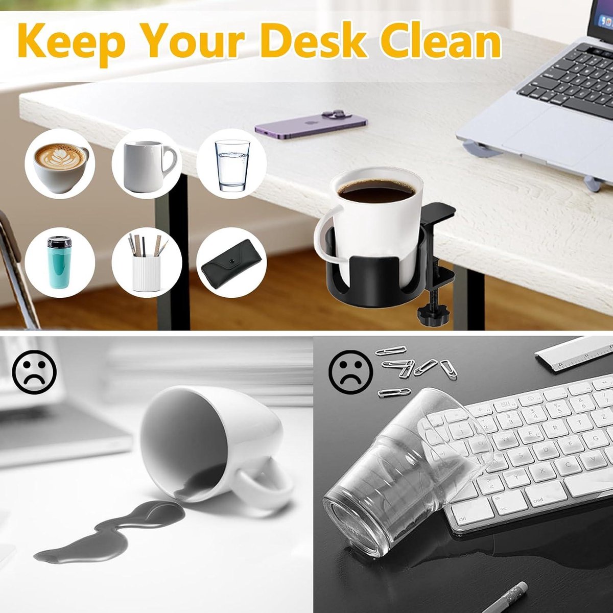 Adjustable and portable tabletop cup holder with clip - universal holder for bottles, coffee cups and water cups - 95 cm diameter, max. capacity 5 kg
