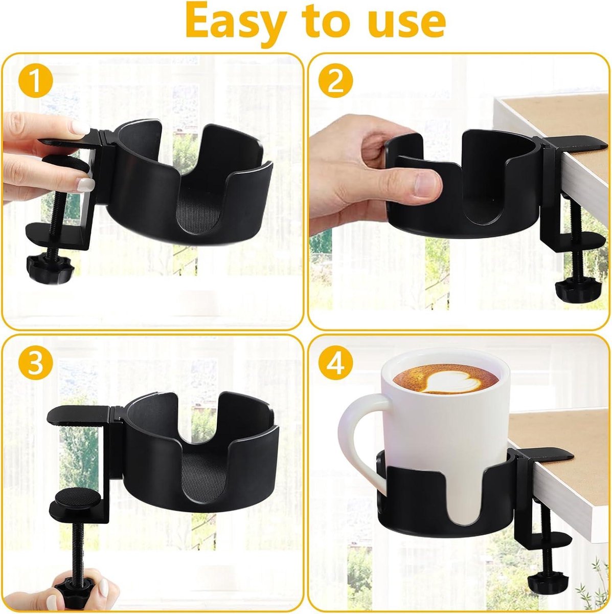 Adjustable and portable tabletop cup holder with clip - universal holder for bottles, coffee cups and water cups - 95 cm diameter, max. capacity 5 kg