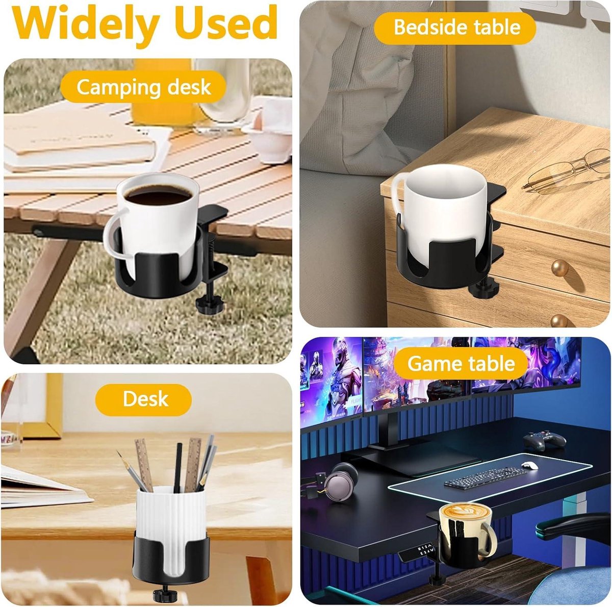 Adjustable and portable tabletop cup holder with clip - universal holder for bottles, coffee cups and water cups - 95 cm diameter, max. capacity 5 kg