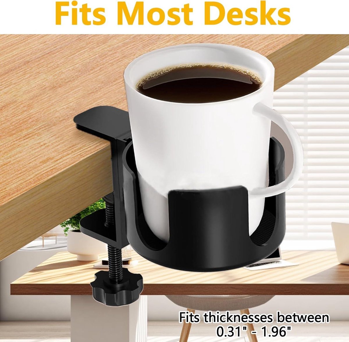 Adjustable and portable tabletop cup holder with clip - universal holder for bottles, coffee cups and water cups - 95 cm diameter, max. capacity 5 kg