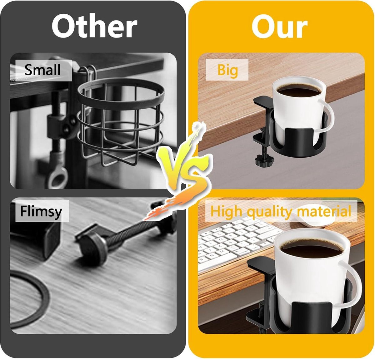 Adjustable and portable tabletop cup holder with clip - universal holder for bottles, coffee cups and water cups - 95 cm diameter, max. capacity 5 kg