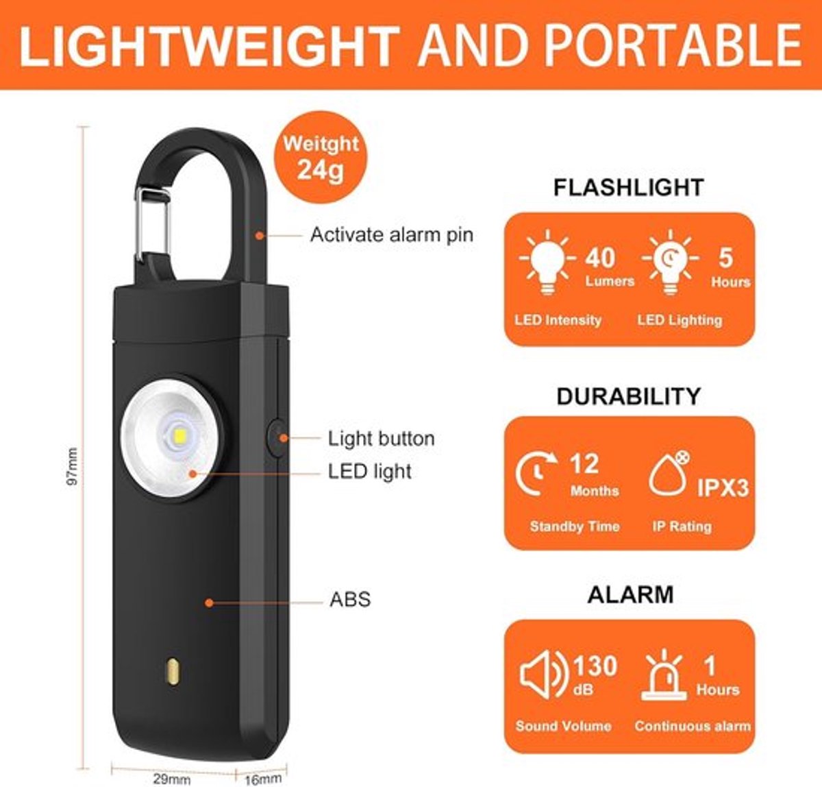 Alarm - Personal Alarm - 130 dB Sound and Flashing Light - Personal Security Alarm - Self-Defense Keychain - Personal Protection - Alarm for Seniors - Portable Security Alarm - Black