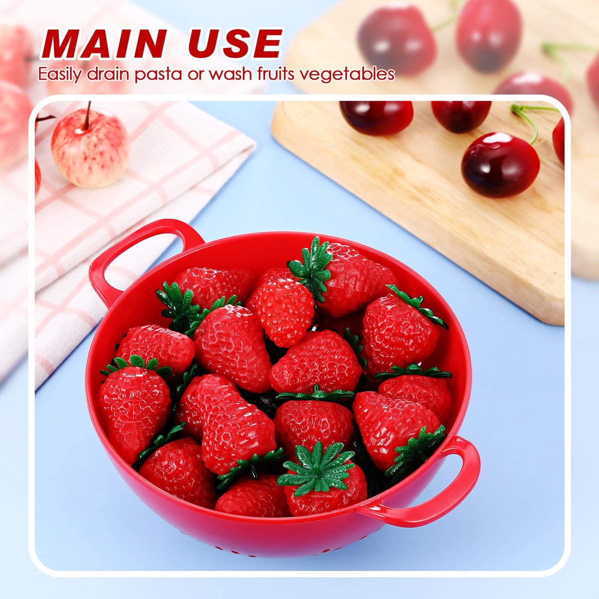 4-Piece Vegetable Basket - Drainer - Kitchen Colander - Plastic Berry Strainer - Colander Basket - with Double Handles - Small Colander - for Fruits, Vegetables and Food - Kitchen Accessories - Red - 19 x 14.8 x 7.5 cm