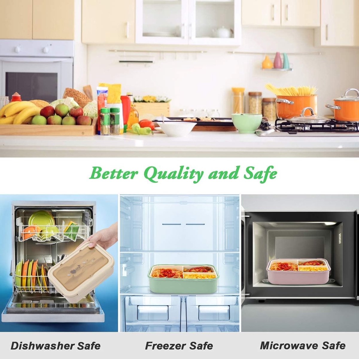 Lunch box, bento box, 3-compartment lunch box with cutlery, leakproof lunch box, freezer safe, dishwasher safe, microwave safe, lunch box for school, work, picnics and travel (green)