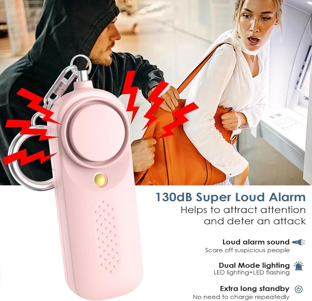 Personal alarm - 130 dB - Security siren - Self-defense siren - With LED light-up keychain - For children, women, students and seniors (pink)