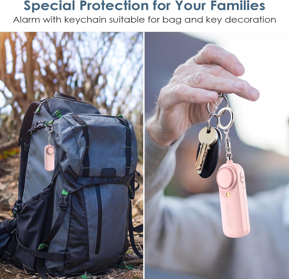 Personal alarm - 130 dB - Security siren - Self-defense siren - With LED light-up keychain - For children, women, students and seniors (pink)