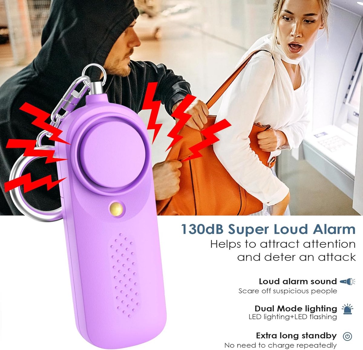 Personal Alarm - 130 dB - Security Siren - Self-Defense Siren - With LED Light-Up Keyring - For Children, Women, Students and Seniors (Purple)