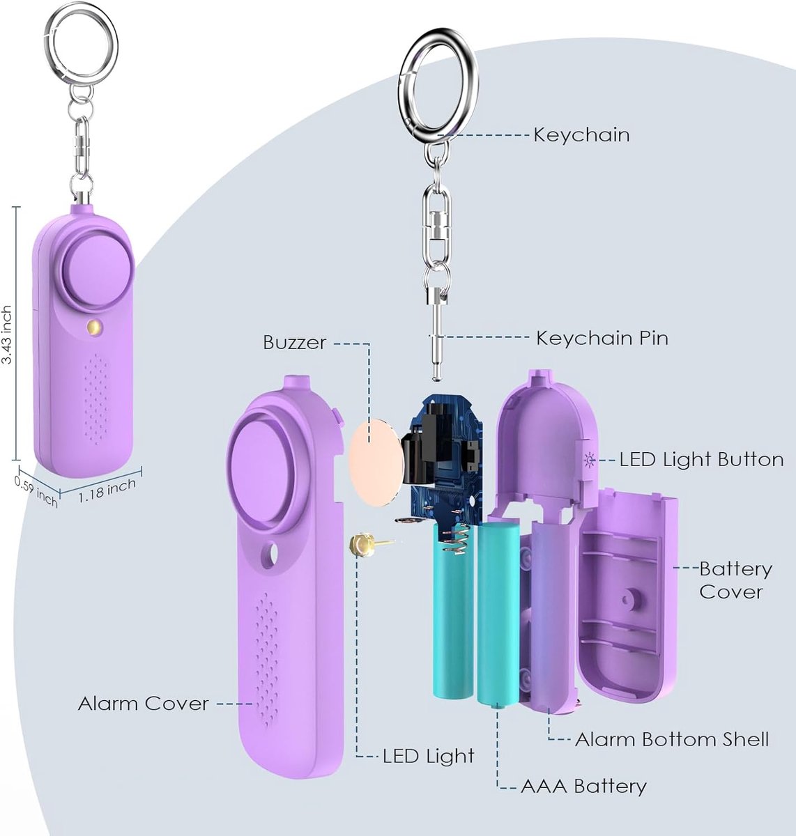 Personal Alarm - 130 dB - Security Siren - Self-Defense Siren - With LED Light-Up Keyring - For Children, Women, Students and Seniors (Purple)