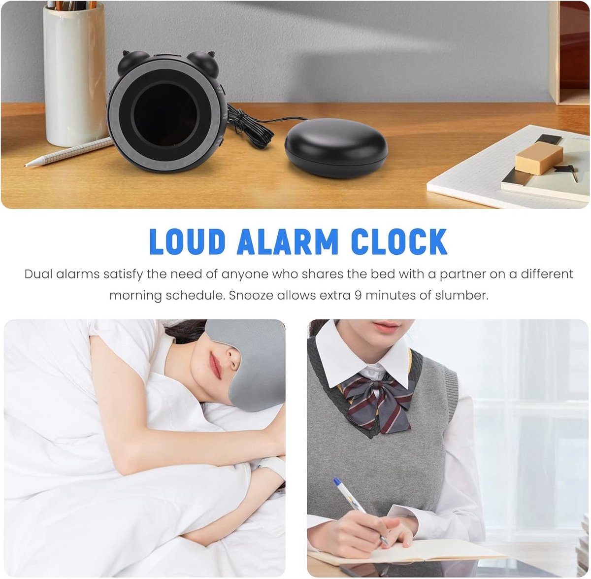 Wekker - digital alarm clock - digital alarm clocks - children's alarm clock - alarm clocks - children's alarm clock - Dual alarm clock - With bed vibrator - Vibrating alarm clock for deep sleepers or the hearing impaired - USB charging port