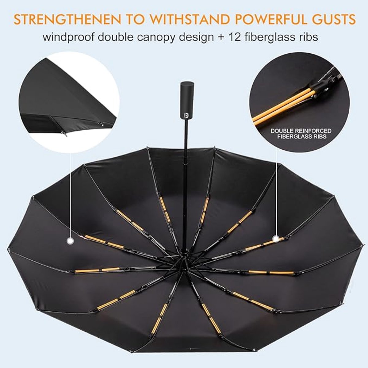 Folding umbrella, safety umbrella, windproof, pocket umbrella, automatic open and close, 105 cm, golf umbrella, 12 reinforced fiberglass ribs, 210T nylon umbrella, travel umbrella with UV protection