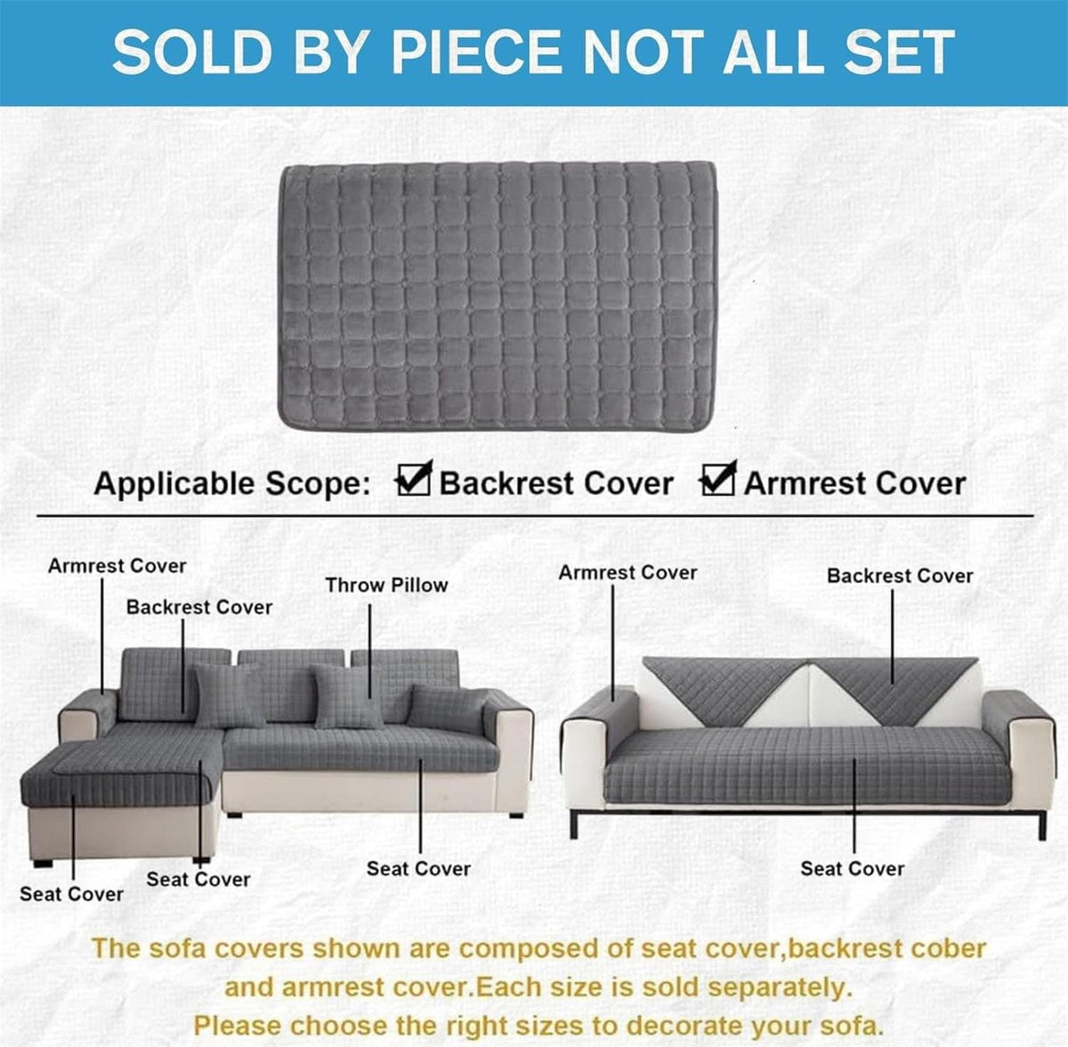 Sofa cover - Corner sofa cover - Flannel sofa cover - Winter - Winter sofa cover - Sofa cover - Corner sofa cover (1/2/3/4 seater) - L-shaped sofa cover - Grey - 90 x 90 cm