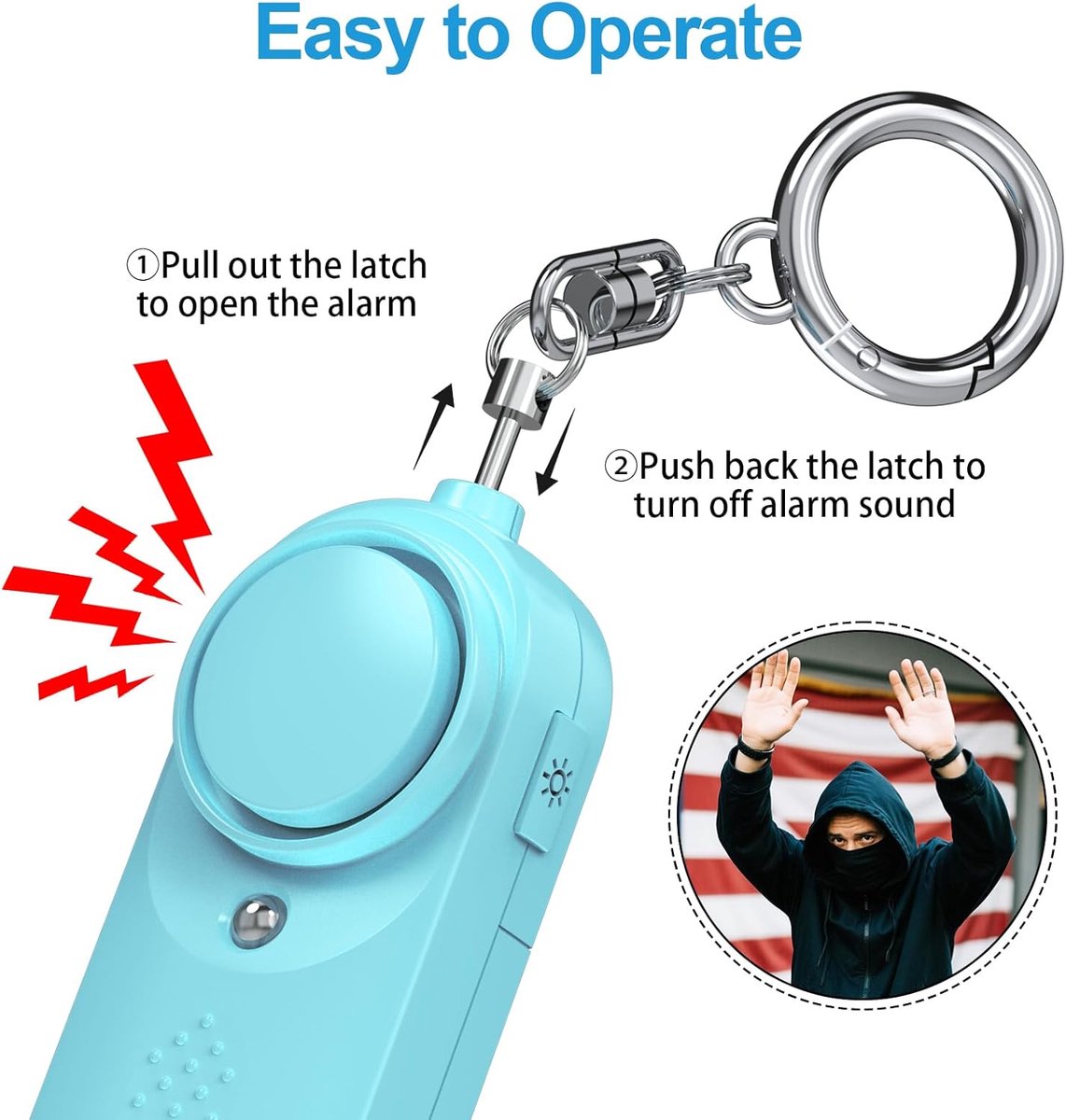Pack of 2 personal alarms - Keychain - SOS button - 130 dB emergency signal - Personal safety alarm - Keychain with LED light for children, women and the elderly (black + blue)