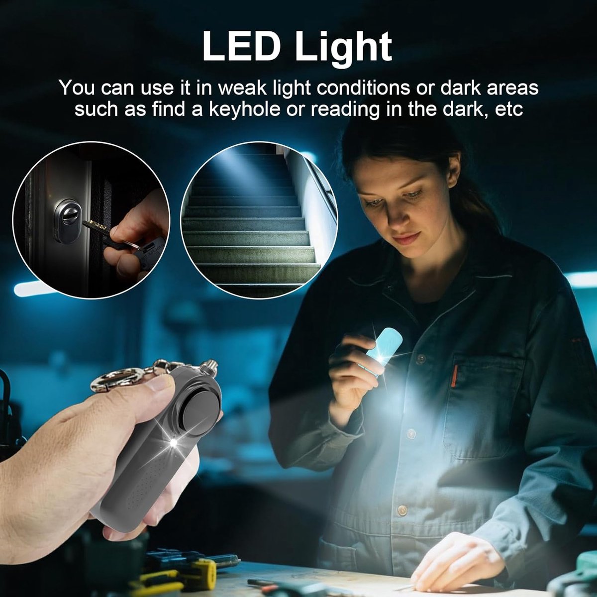 Pack of 2 personal alarms - Keychain - SOS button - 130 dB emergency signal - Personal safety alarm - Keychain with LED light for children, women and the elderly (black + blue)