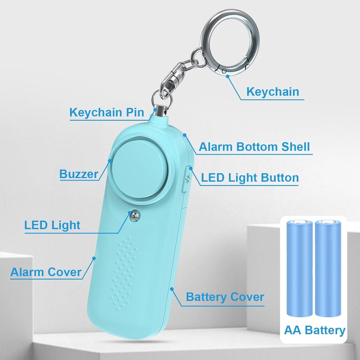 Pack of 2 personal alarms - Keychain - SOS button - 130 dB emergency signal - Personal safety alarm - Keychain with LED light for children, women and the elderly (black + blue)